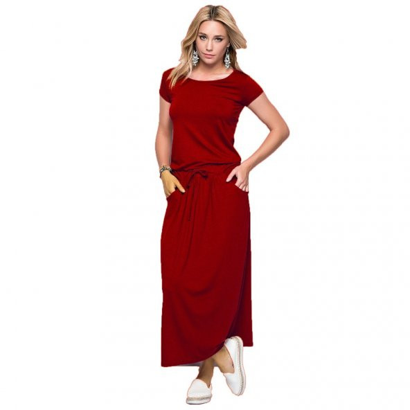 Kadın Belden Bağlı Kısa Kol Kırmızı Elbise