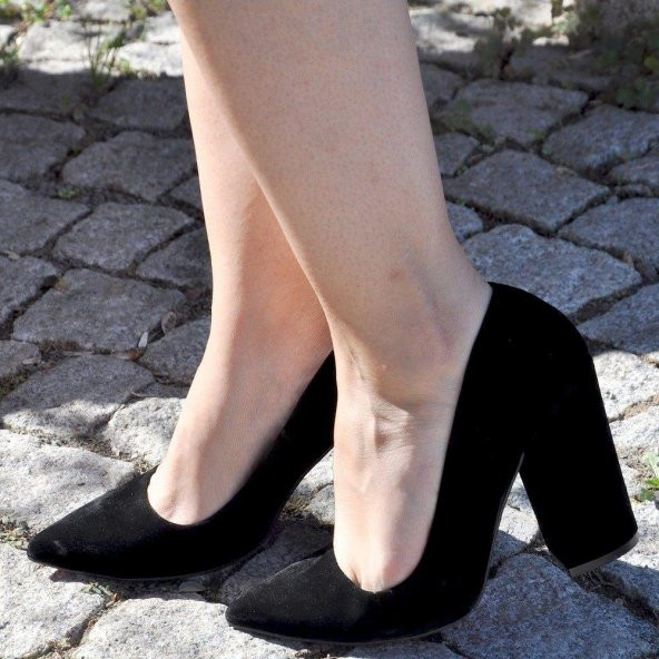 Siyah Stiletto Kalın Topuk Süet Bayan Topuklu Ayakkabı