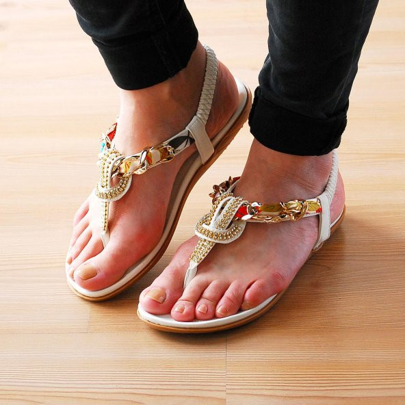 Guja Kadın Renkli Kumaşlı Terlik Sandalet-Beyaz-17y414-2-02