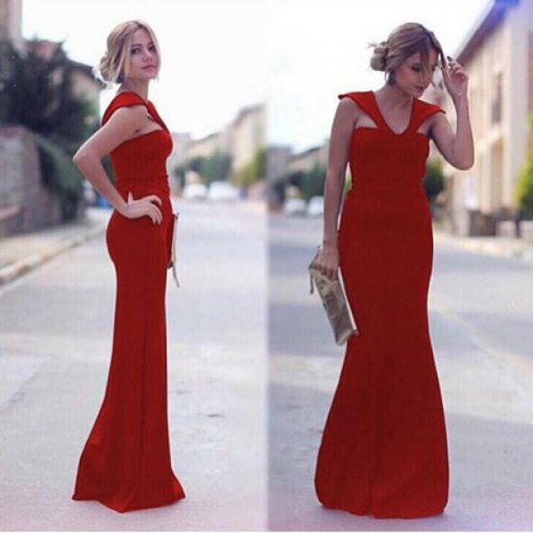 Kadın Askılı Uzun Kırmızı Abiye Elbise