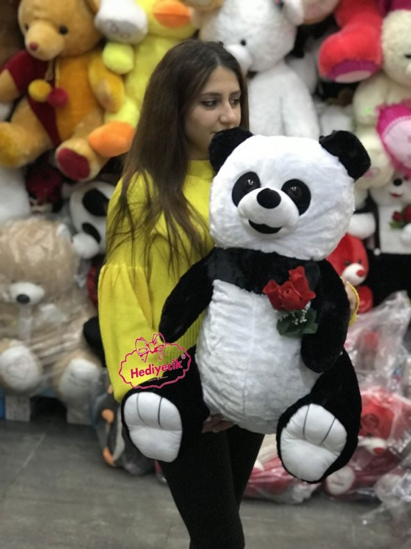 Oyuncak Peluş Panda 60 Cm Gül Tutan Romantik Panda Sevdiklerinize Özel Hediye