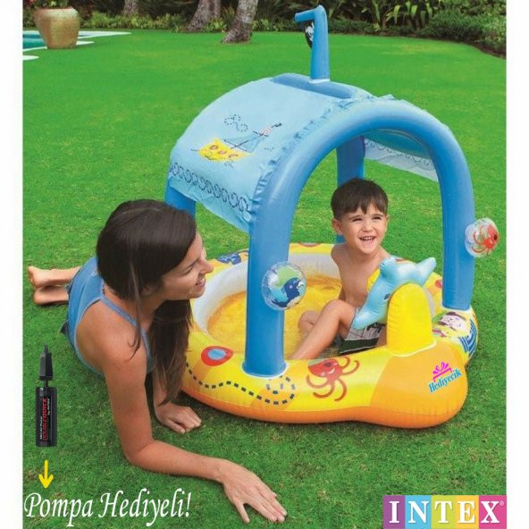 Şişme Yumuşak Taban Kaptan Gölgelikli Bebek Oyun Havuzu Set 107x102x99 Cm Pompa Hediye