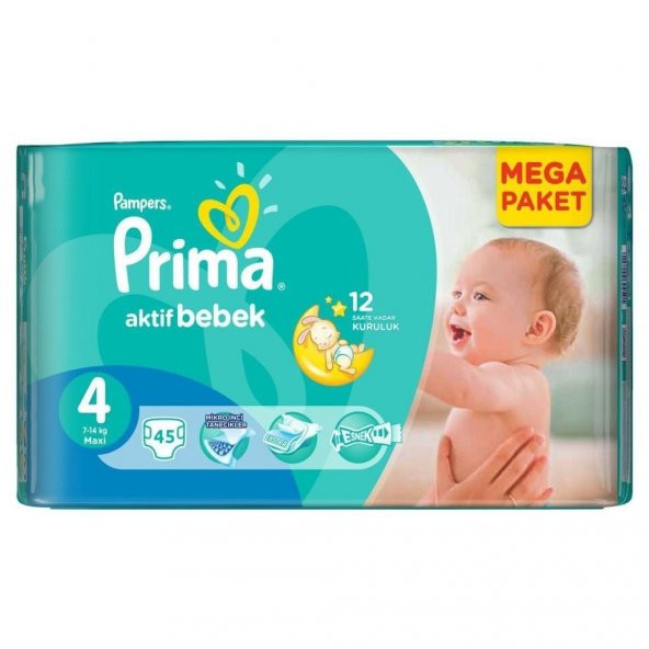 Prima Bebek Bezi Aktif Bebek 4 Beden Maxi Ekonomik Paket 45 Adet