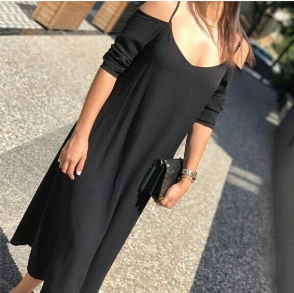 Kadın Dokuma Krep Siyah Elbise