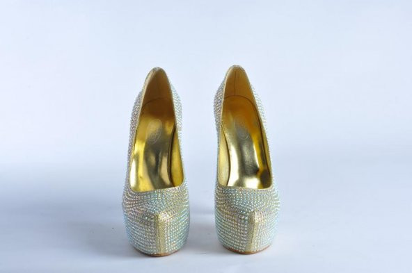 Bayan Abiye Taşlı Topuklu Ayakkabı Altın çupra 122