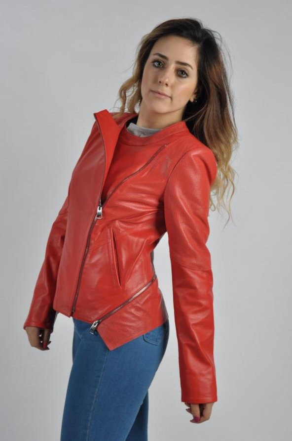 Bayan kırmızı model deri ceket A1