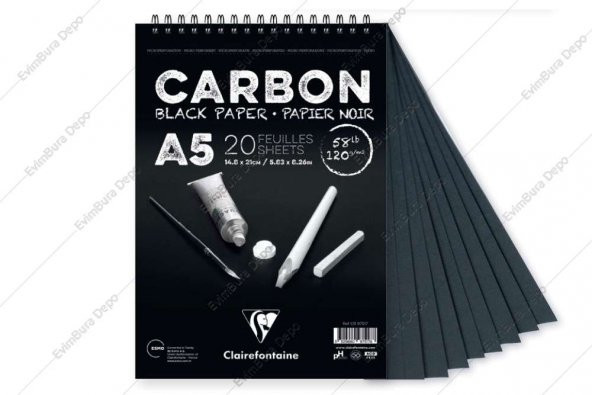 Clairefontaine Carbon Siyah Çizim Blok 120 gr A5 20 Yaprak Üstten Spiralli