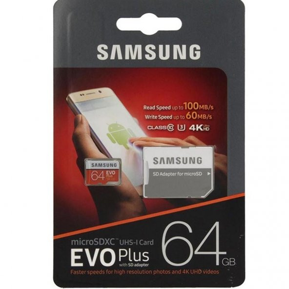 Samsung 64GB Evo Plus Micro SD Hafıza Kartı C10 U3 4K 100MB/s