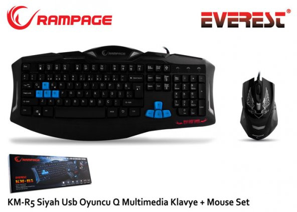 Everest Rampage KM-R5 Siyah Usb 3 Farklı Ledli Gaming Q Multimedia Klavye + Mouse Set