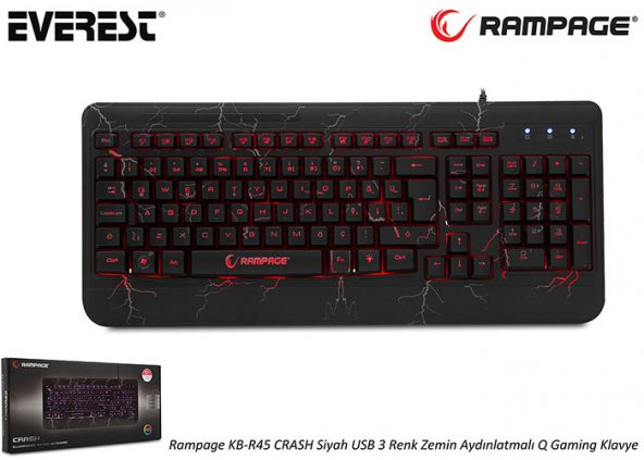 Everest Rampage KB-R45 CRASH Siyah USB 3 Renk Zemin Aydınlatmalı Q Gaming Klavye