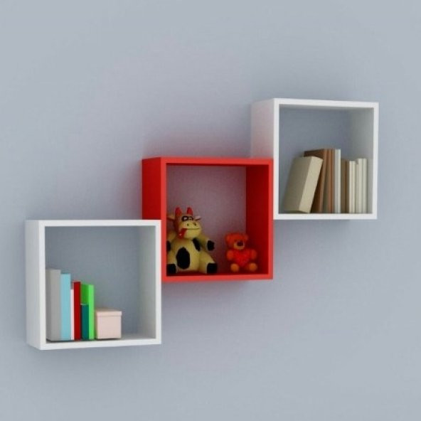 Kutu Tasarım 3lü Duvar Rafı & Kitaplık Kırmızı Beyaz