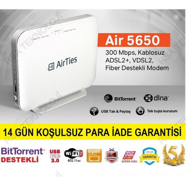 Airties Air 5650 4 PORT ADSL- VDSL Bittorent DLNA Fiber Destekli Kablosuz Modem