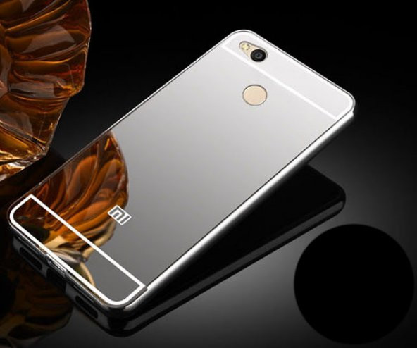 Xiaomi Redmi 4 Kılıf Aynalı Kenarları Metal Kapak Gümüş + Kırılmaz Cam Ekran Koruyucu