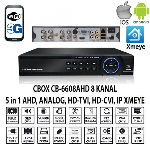 CBOX CB-6608AHD 8 KANAL 1080 4 SES AHD+ANLG+IP XMEYE HIBRIT DVR KAYIT CIHAZI