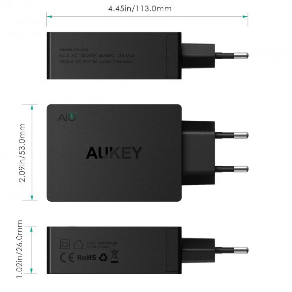 Aukey PA-U36 4 Portlu 40W USB Seyahat Şarj Cihazı - 5