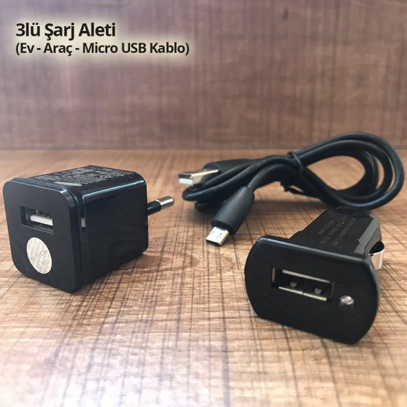 3lü Şarj Aleti (Ev Şarjı - Araç Şarjı - Micro USB Kablo)