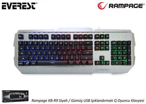 Everest Rampage KB-R9 Siyah/Gümüş USB Işıklandırmalı Q Oyuncu Kla