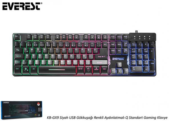 Everest KB-GX9 Siyah USB Gökkuşağı Renkli Aydınlatmalı Q Standart Gaming Klavye