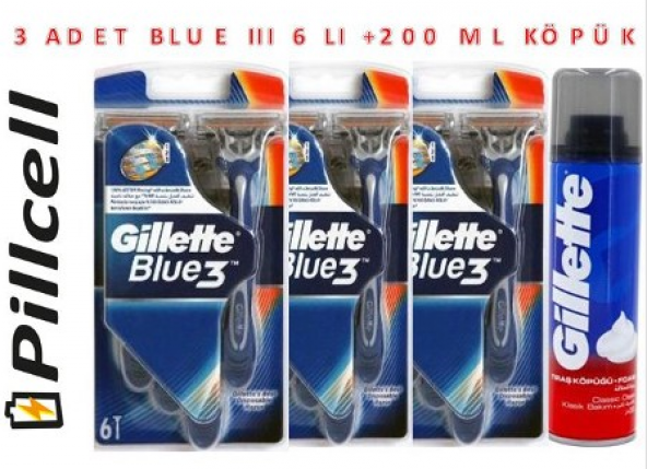 Gillette Blue 3 6'lı Kullan At * 3 Paket + 200 ml Traş Köpüğü