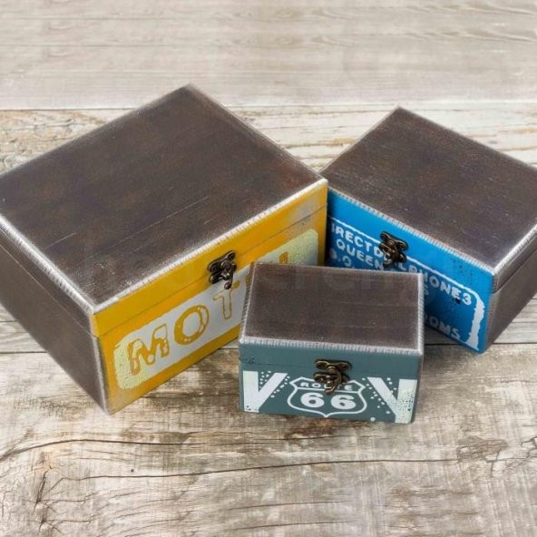 Retro Motel Temalı Ahşap 3lü Dekoratif Kutu Seti - 3
