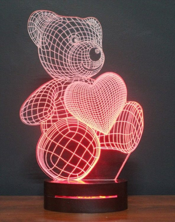 3D Kalpli Ayıcık 16 Renk Ledli + Kumandalı Masa ve Gece Lamba