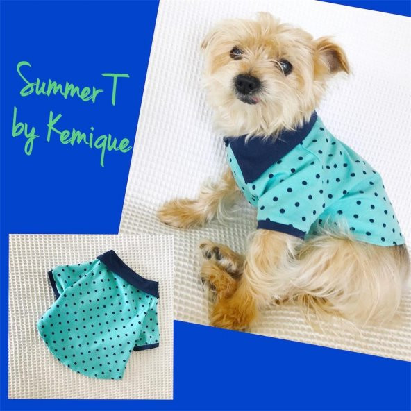 MAVİ YEŞİL PUANTİYELİ - Polo Yaka Tişört - Summer T by Kemique - Köpek Kıyafeti - Köpek Elbisesi