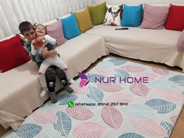 Lastikli Halı Örtüsü Mavi Pembe Yapraklı Welsoft - 4
