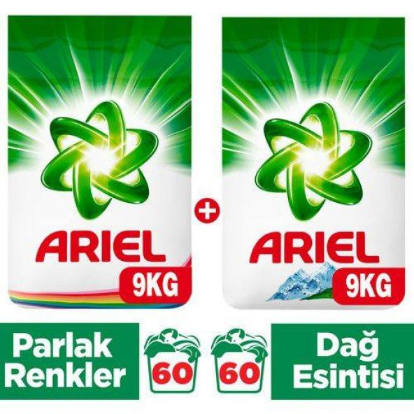 Ariel Toz Çamaşır Deterjanı 9 Kg Dağ Esintisi + 9 Kg Parlak Renkler (18 kg)