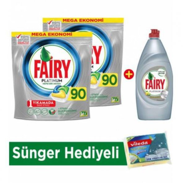 Fairy Platinum Bulaşık Makinesi Deterjanı Kapsülü Limon 180'li + Sıvı Bulaşık Deterjanı Limon 870 ml (Sünger Hediyeli)