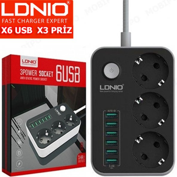 Ldnio 6lı USB 3lü Akım Korumalı Priz Şarj Aleti 3.4A