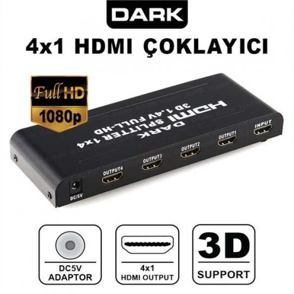 DARK DK HD SP4X1 1 Giriş 4 Çıkışlı Full HD 1080 HDMI Splitter