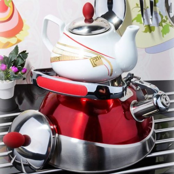 Porselen Demlikli Çelik Kettle Çaydanlık Kırmızı - 2