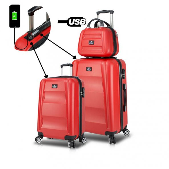 My Valice Smart Bag Exclusive Usb Şarj Girişli 3lü Valiz Seti (Kabin, Orta ve Makyaj) Kırmızı