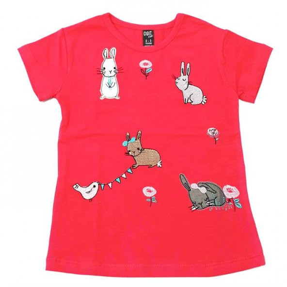 Cıgıt Kids Tavşan Çiçek Nakışlı Kısa Kol Çocuk Tişörtü Nar