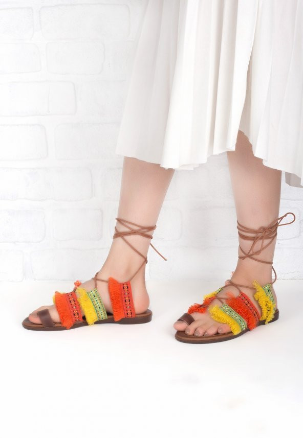 Efisio Turuncu Sarı Renkli Bilekten Bağlamalı Bayan Sandalet Ayakkabı