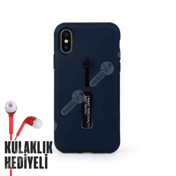 Secron Plus Apple iPhone X Olive Yüzük ve Standlı Kılıf Lacivert