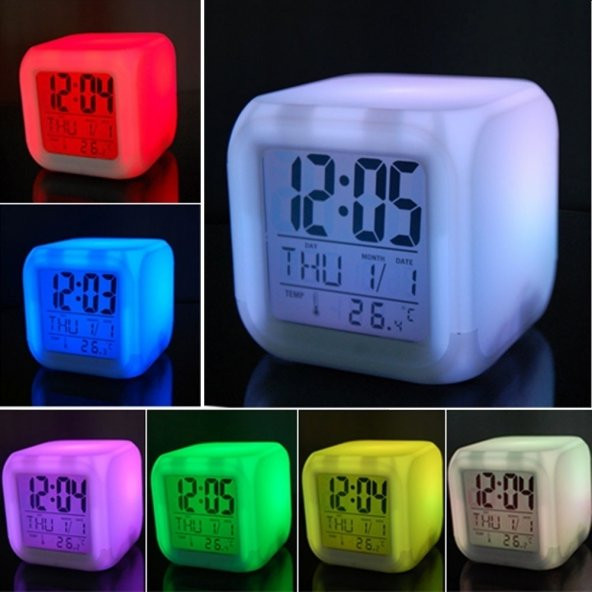 7 Renk Değiştiren Led Işıklı Küp Alarmlı Masa Saati Gece Lambası
