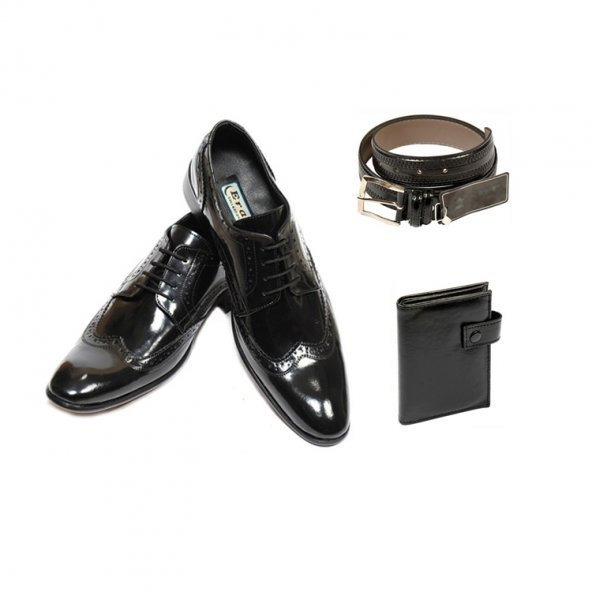 Eray Kundura Klasik Siyah Bağcıklı Erkek Ayakkabısı + Cüzdan + Kemer