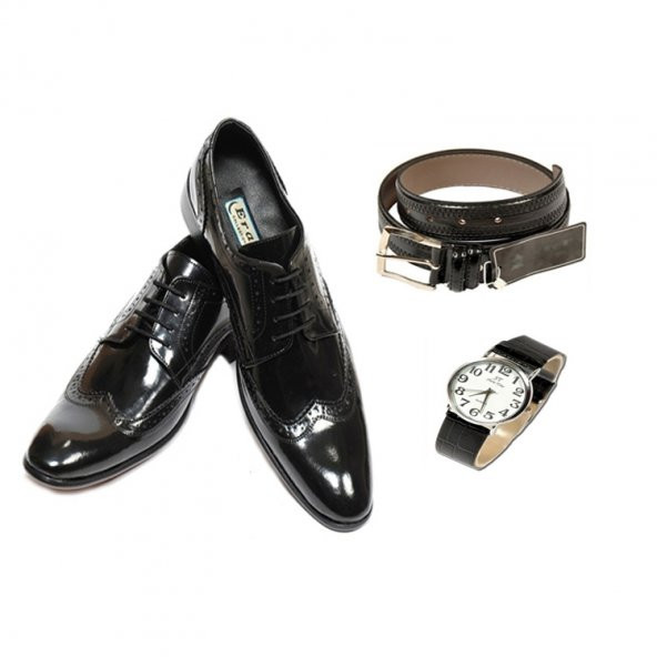 Eray Kundura Klasik Siyah Bağcıklı Erkek Ayakkabısı + Saat + Kemer