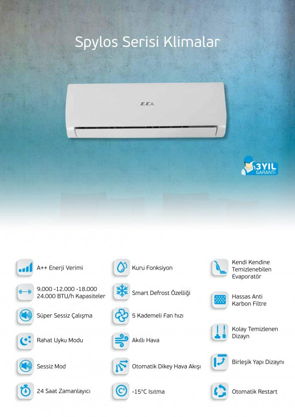 ECA Spylos Serisi 18.000 BTU (Ücretsiz Montaj) A++ Duvar Tipi Inverter Klima - 2
