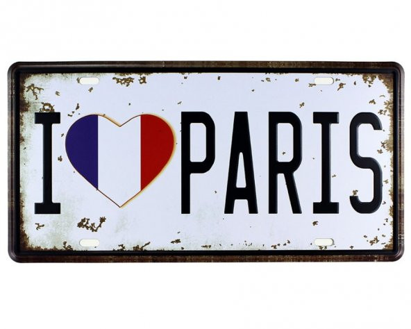 Vintage Metal Plaka I Love Paris 15x30