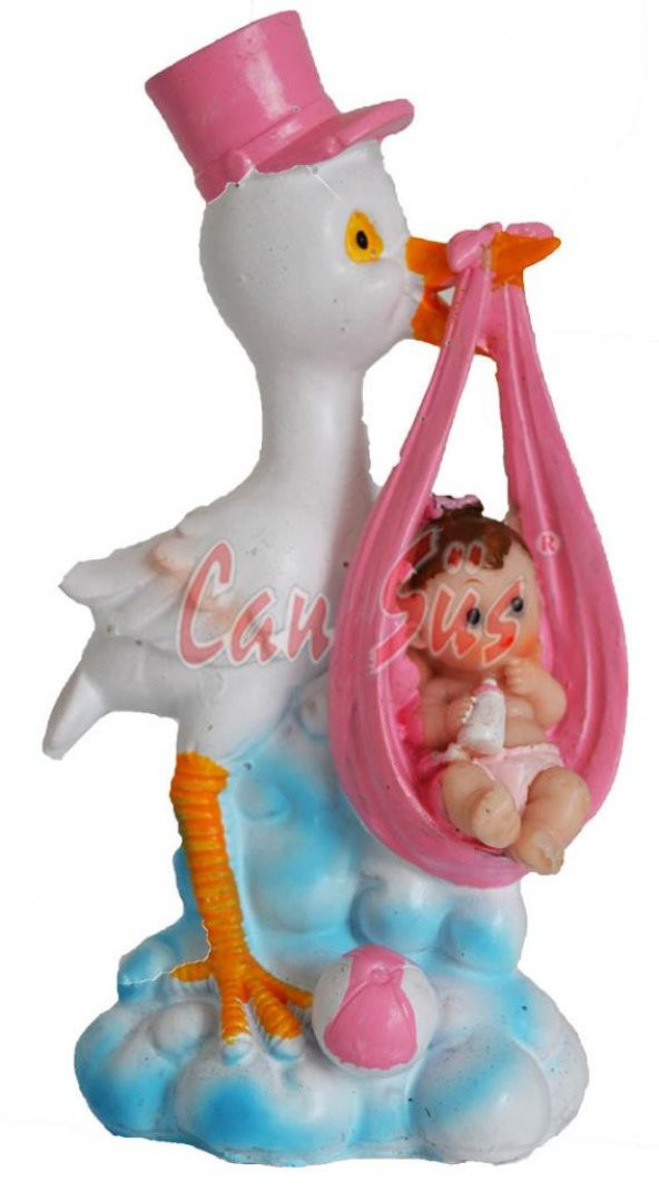 Gagasında Bebek Taşıyan Leylek Biblosu Pembe 16cm