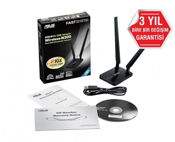 ASUS USB-N14 300Mbps Yüksek Menzilli Kablosuz Ağ Adaptörü USB-N14 - 3