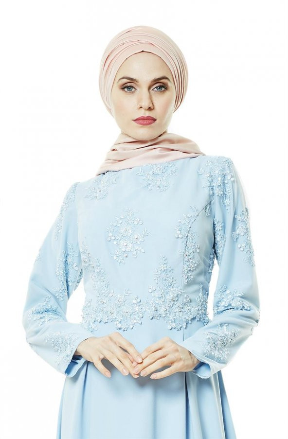 Fashion Night Güpürlü Abiye Elbise-Buz Mavisi 4179-14 - 1