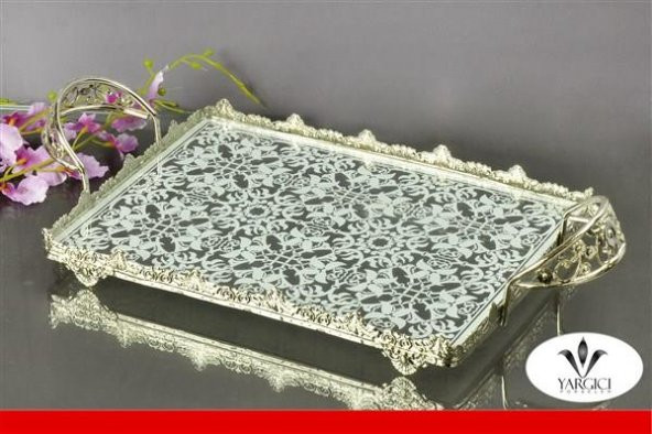 Dekoratif Dikdörtgen Gümüş Cam Tepsi 35 Cm