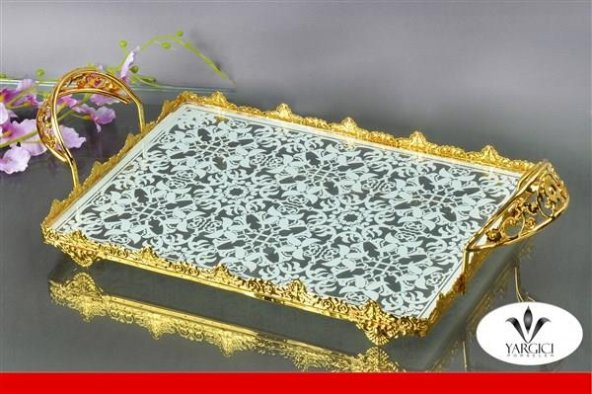 Dekoratif Dikdörtgen Altın Cam Tepsi 35 Cm
