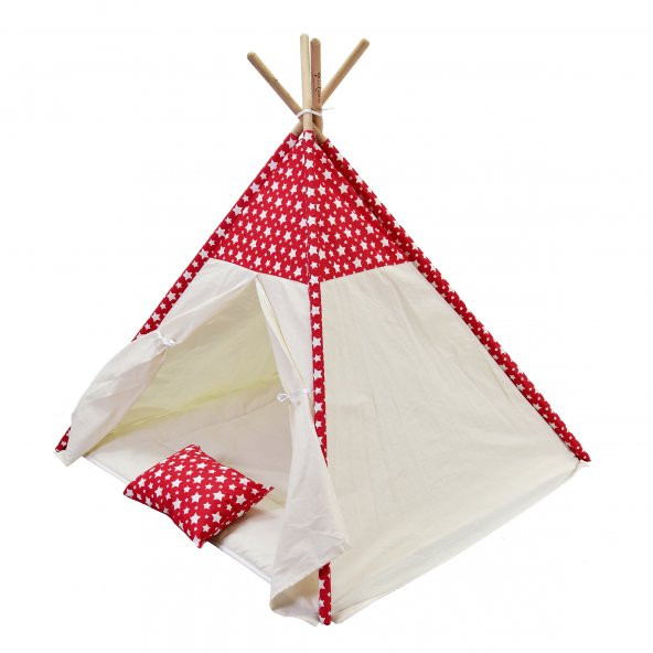Oyun Çadırı %100 Pamuklu Kumaş Kızılderili Çadırı, Oyun Evi (Kod17YıldızlıKırmızı)