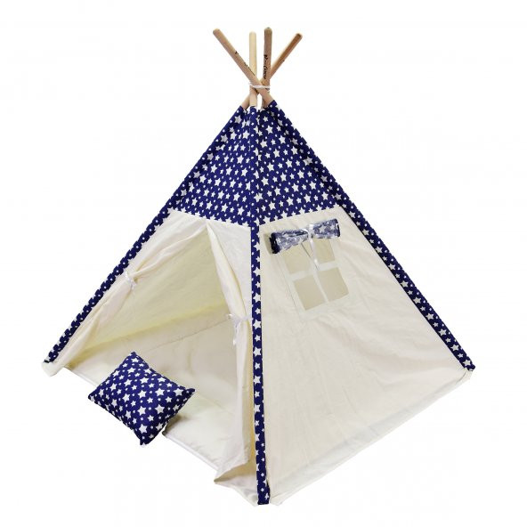 Oyun Çadırı %100 Pamuklu Kumaş Kızılderili Çadırı, Oyun Evi (Kod18YıldızlıMavi)