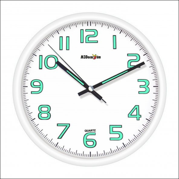 White Frame Beyaz Fosforlu Phosphorous Wall Clock Duvar Saati