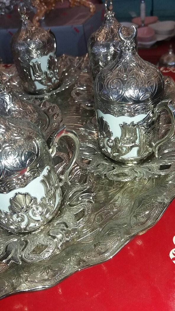 Osmanlı Motifli Oymalı İşlemeli Metal Gümüş Kaplama Fincan Takımı